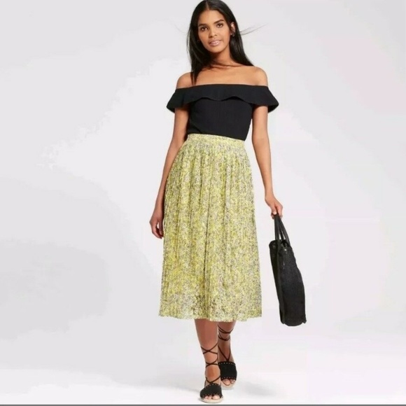 Who What Wear yellow floral pleated midi skirt - Picture 1 of 5